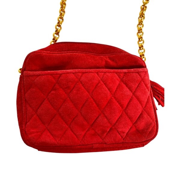 Vintage Quilted Red Suede Leather Chain Small Shoulder Bag With Gold-Tone Strap - Picture 1 of 12